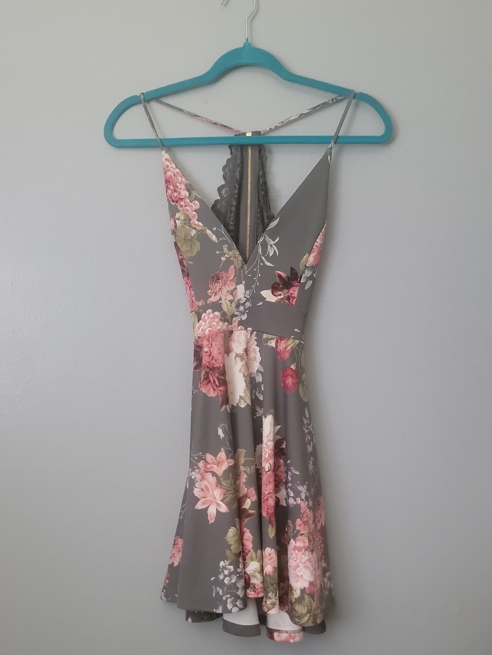 Windsor Gray Floral V-Neck Spaghetti Strap Mini Dress with Pink Blooms